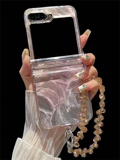 奢华梦幻渐变色闪亮羽毛图案手机壳适用于三星 Galaxy Z Flip 7 6 5 4 3 折叠保护后盖，带闪亮激光链手链