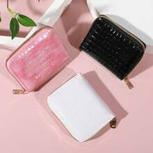 Compact Chic Mini Wallet - Faux Leather, Crocodile Print, Card & Coin Holder With Polyester Lining And Secure Buckle