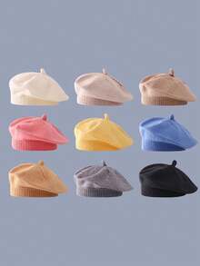 1pc Children's Solid Color Versatile Beret Hat, Adorable & Stylish Knitted Beanie For Infant Toddler, Suitable For Autumn/Winter Daily Wear - 1PC - View 1