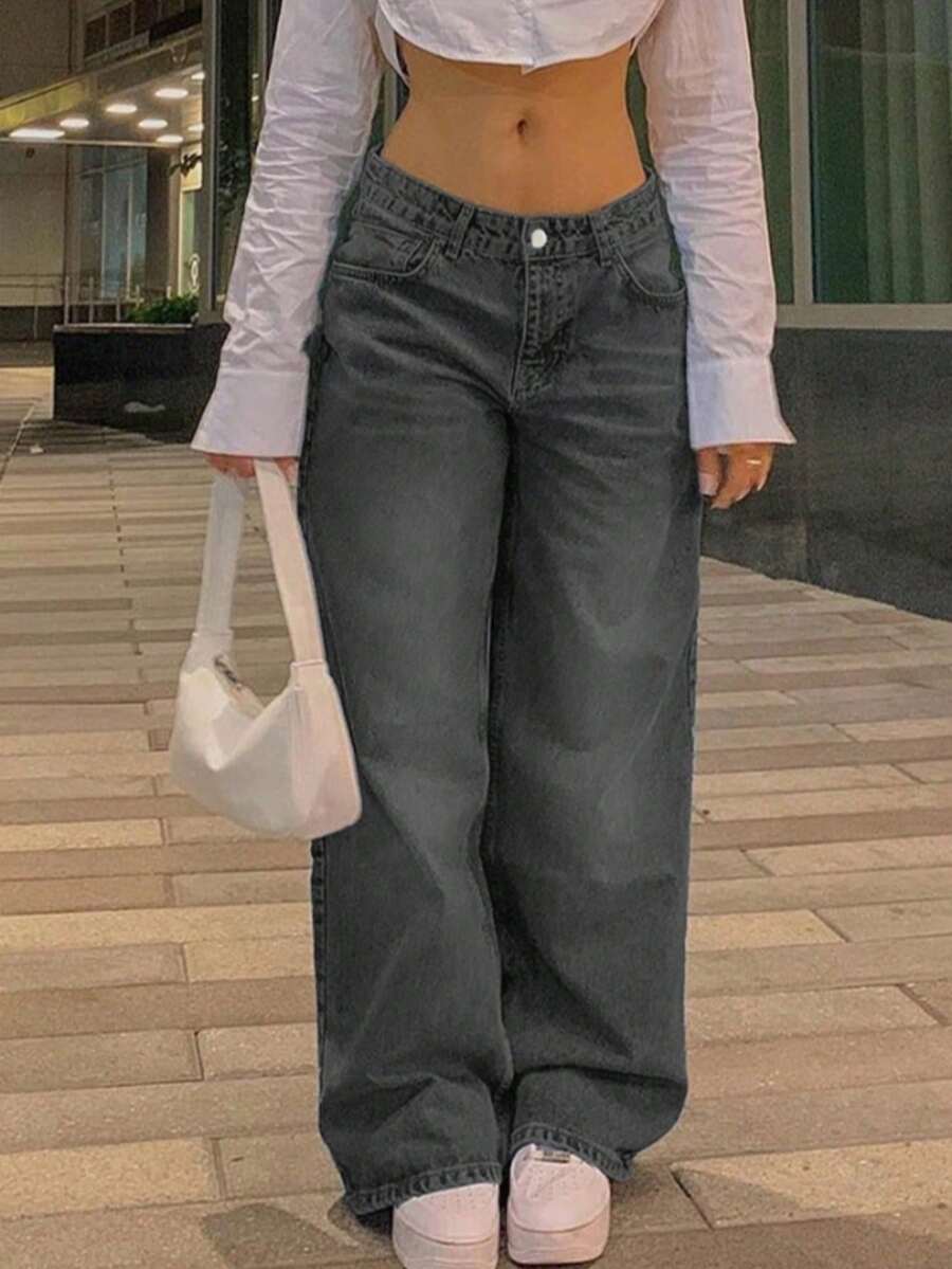 Jeans rectos y holgados de uso casual básico para mujer con bolsillos - Gris Oscuro - Ver 1