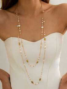 2pcs Fashionable & Elegant Faux Pearl Chain Necklace Set, Women's Party Accessory Sweater Chain Necklace