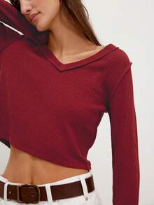 Solid Color Fitted V-Neck Long Sleeve Waffle Knit Casual Top