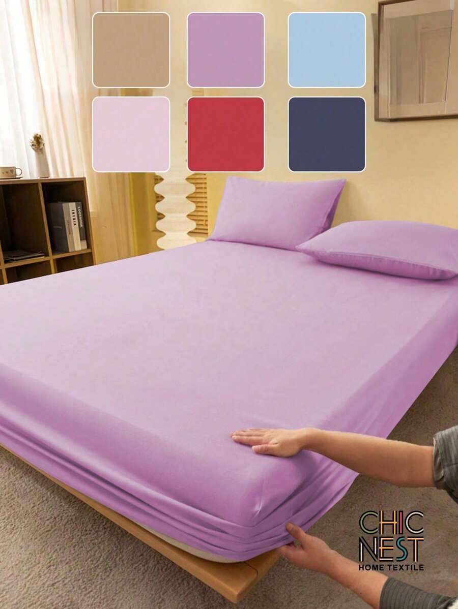 2/3pcS Solid Color Purple Fitted Sheet Set (1Pc Fitted Sheet+2pcs Pillowcases), Mattress Protector, Mattress Cover For Bed, Bed Sheet Set, Soft And Breathable, For All Size Bed -Twin, Full, King, Queen Size Sheet Deep Pocket Up To 11.8 Inch Home Textile - Purple - View 1