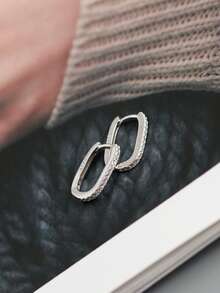 HuooNew 1pair Advanced 925 Sterling Silver Ellipse & Square Shape Micro Inlaid Cubic Zirconia Earrings, Unisex Silver Jewelry For Gift - Silver - View 4