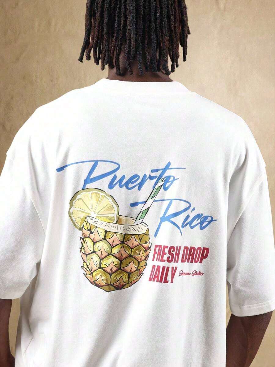 SUMWON Puerto Rico Pineapple Cocktail Graphic Summer Beach Vacation Shirt Drop Daily Oversized Streetwear Casual Island Lifestyle Relaxed Fitsummer - 白色 - 查看 1