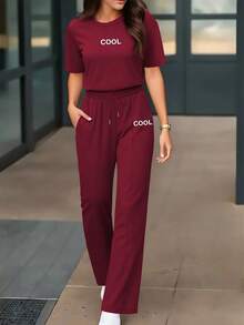 Women's Summer 2-Piece Set, Personalized Letter Print Round Neck Short Sleeve T-Shirt Paired With High Waist Drawstring Straight Leg Pants