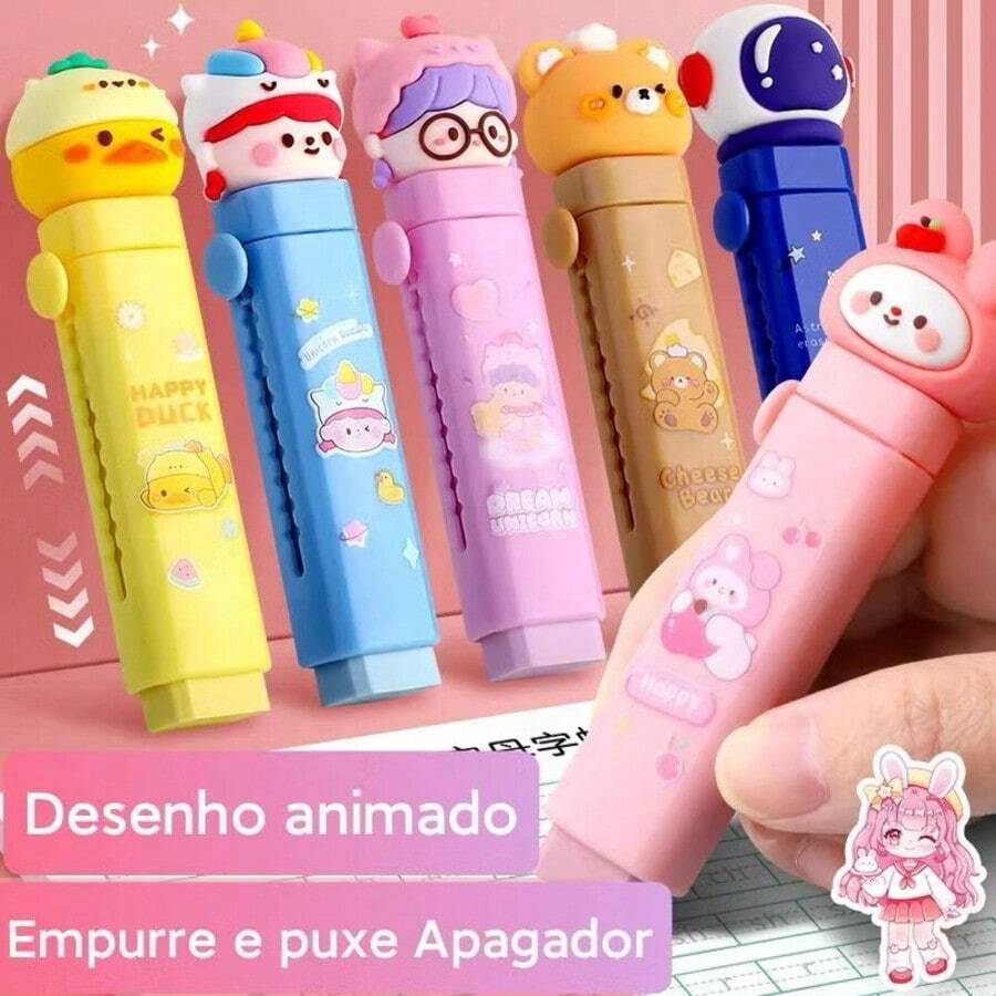2 Pcs/Pack Retractable Slide Eraser Pen (Pink Rabbit/Astronaut/Brown Bear/Yellow Duck/Girl With Glasses) - Multicolor - View 1