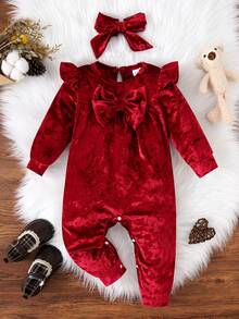 Jumpsuit Bayi Perempuan Warna Burgundy Beludru untuk Musim Gugur/Dingin, Jumpsuit Lengan Panjang Berkerut dengan Hiasan Pita + Bando Pita Polos - Burgundy - View 2