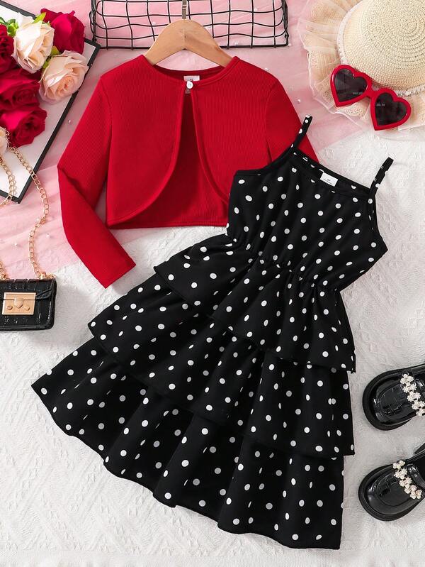 2 piezas Conjunto cómodo y de moda para primavera/otoño, Conjunto de niña pequeña con Cárdigan de manga larga de unicolor + Vestido sin mangas de longitud media con estampado de lunares, Conjunto casual versátil, elegante y juvenil para niños para uso al aire libre