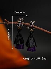 زوج من أقراط قبعة ساحرة هالوين، بتصميم تباين أسود وبنفسجي مع شرابات، إكسسوار عطلة مضحك، مناسب لحفلة هالوين، هدية