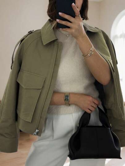 1 قطعة معطف سيدات سحاب أحادي اللون، للارتداء اليومي، جيوب، خريف/شتاء