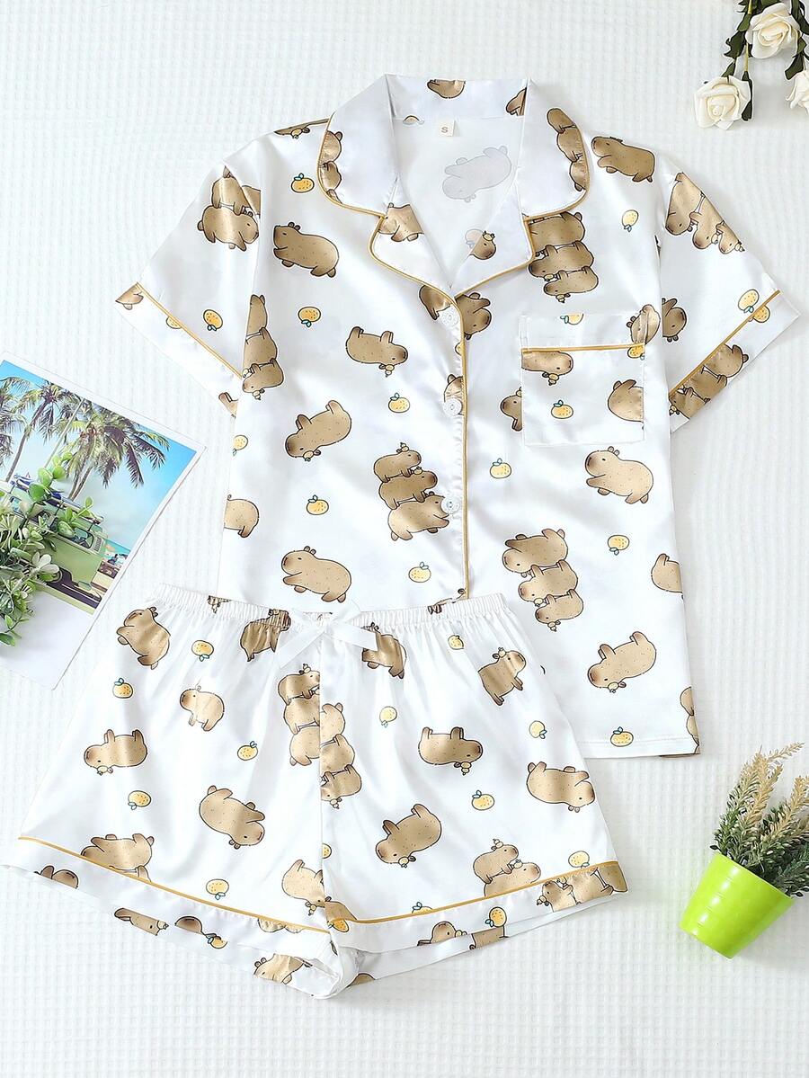 2pcs Satin Pajama Set, Cute Capybara Animal Print Short Sleeve Collared Top And Bow Shorts Women Sleepwear Loungewear