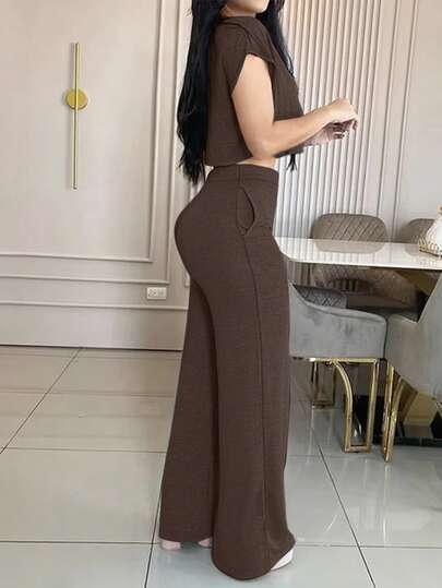 Conjunto casual y elegante de 2 piezas de unicolor con bolsillos para mujer, apto para primavera/verano