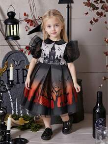 Costume da strega di Ognissanti per ragazze, abito da principessa con stampa di pipistrelli, castello e foresta, outfit per feste di Ognissanti