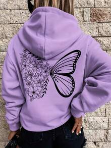 Sudadera hoodie sweatshirt dama mujer gorro capucha encapuchada manga larga algodon bolsa canguro cangurera bolsa bolsillo estampado pecho espalda mariposa mariposas insecto alas alitas flor flores floral margarita petalos vuelo degradado lindo cute tierno suave pachoncita puños rib acanalados casual atletica aesthetic homie cossy casa diario frio ciudad urbana moderna juvenil comoda abrigadora caliente calientita ejercicio pijamada - Lila Púrpura - Ver 1