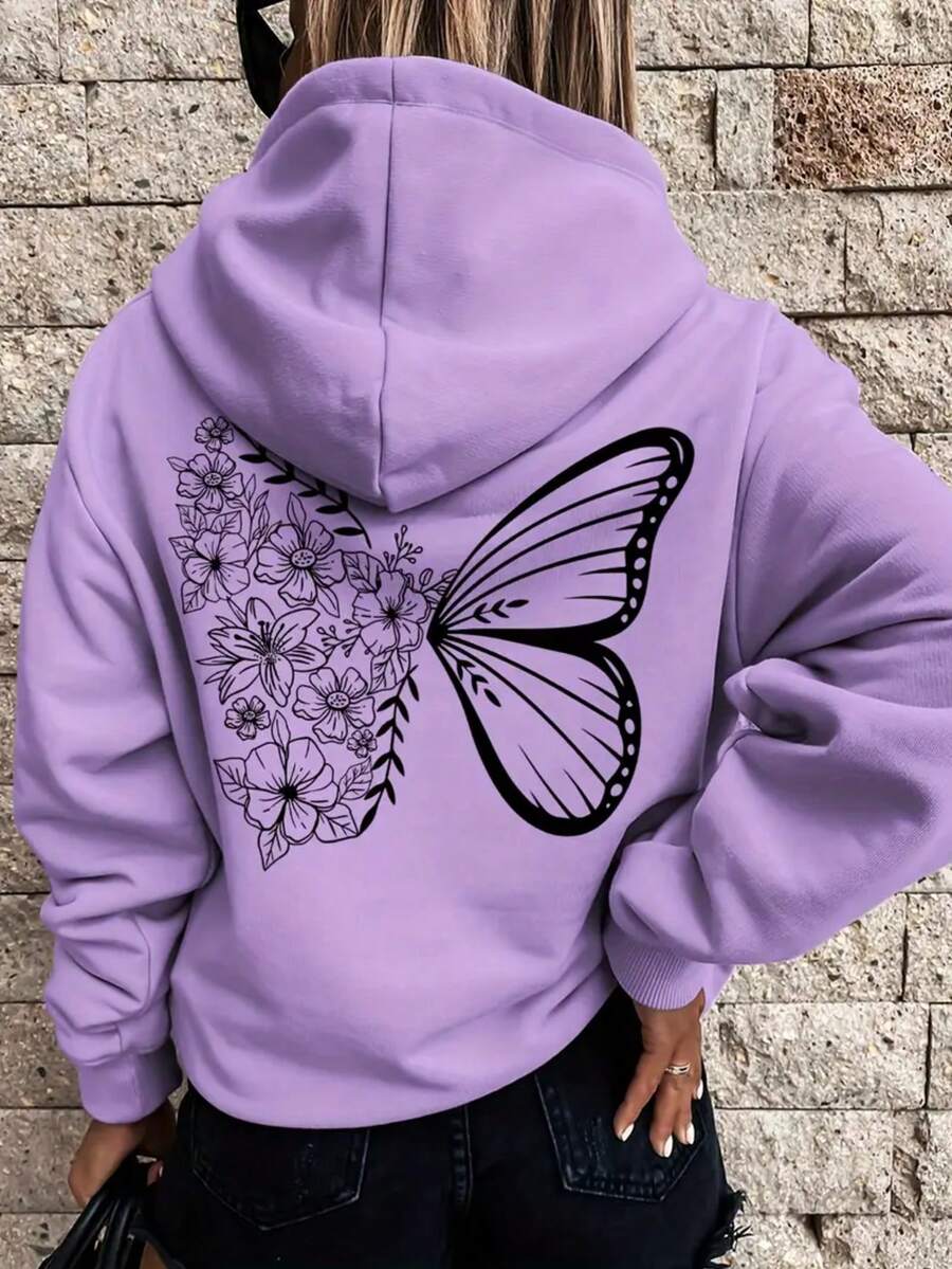 Sudadera hoodie sweatshirt dama mujer gorro capucha encapuchada manga larga algodon bolsa canguro cangurera bolsa bolsillo estampado pecho espalda mariposa mariposas insecto alas alitas flor flores floral margarita petalos vuelo degradado lindo cute tierno suave pachoncita puños rib acanalados casual atletica aesthetic homie cossy casa diario frio ciudad urbana moderna juvenil comoda abrigadora caliente calientita ejercicio pijamada - Lila Púrpura - Ver 1