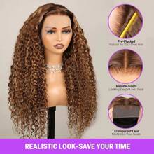 MEGALOOK Peruca Lace Front Ondas de Água Loiro Mel 6x5/13x4 Destaque P4/27 Pré-Aparada Pré-Cortada Fechamento de Renda Sem Cola Cabelo Humano 18-30 Polegadas Peruca Colorida de Alta Qualidade Amigável para Iniciantes