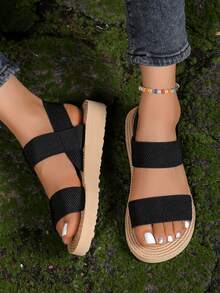 Giày sandal đế xuồng quai đôi tối giản cho nữ, chất liệu vải lanh kaki, nhẹ, thường ngày, phù hợp đi biển, mặc hàng ngày, mùa hè và mùa thu - Thẻ đen - Xem 4