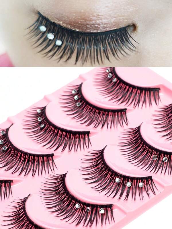5 Pairs/Box Stage Makeup Rhinestone Decorated False Eyelashes, Natural & Thick, Realistic For Latin Dance Performance, Competition, Party, Nightclub, Catwalk