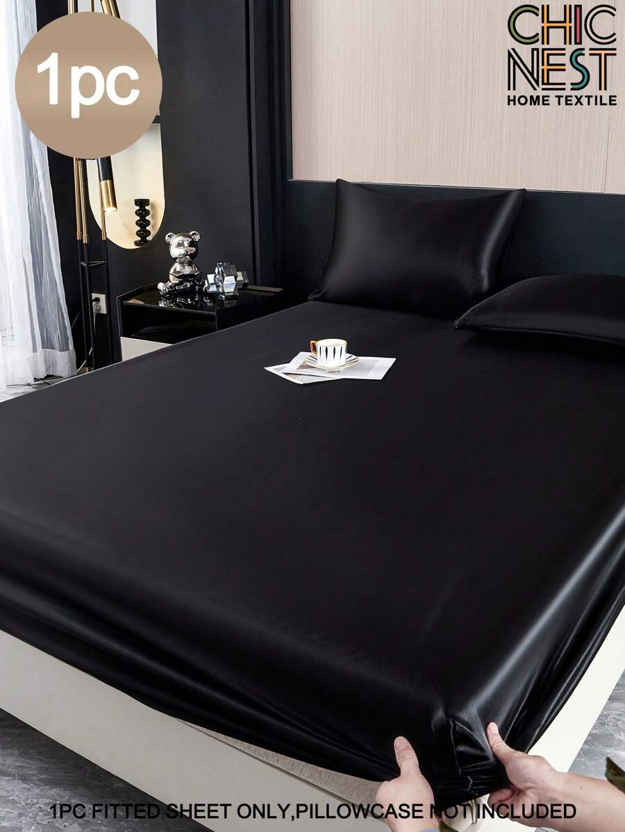 1PC Solid Color Black Satin Fitted Sheet Simulation Silk Fitted Sheet With 1pc Fitted Sheet  Valentine's Day Mattress Cover For Bed, Modern Soft Bedding Set For Household King Queen Full Twin Size  Sheet Bedspread Deep Pocket Up To 11.8 Inch Breathable Wrinkle-Free Better For Sleep, Machine Washable - Black - View 1