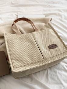 Bolso de mano plegable de pana a rayas, de gran capacidad - Caqui - Ver 4
