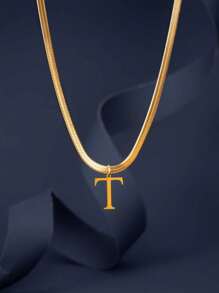 1pc European & American Fashion 26 Letter Pendant Blade Chain Necklace, 18K Gold Plated Stainless Steel, Non-Fading, Suitable For Women Everyday & Holiday Wear