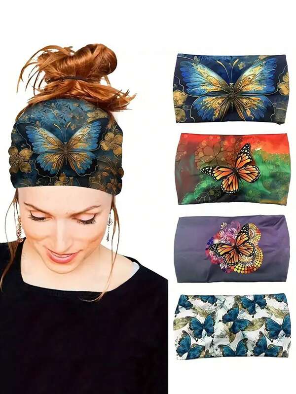 1 pieza Diadema con estampado de mariposa retro, diadema ancha elástica y absorbente de estilo boho elegante y versátil, ideal para ejercicio, yoga y accesorios para el cabello de mujer