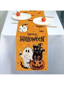 1/270 Stücke 30*180cm Halloween Geist, Schwarze Katze, Kürbis Muster Polyester Tischläufer - orangener Hintergrund, Fröhliches Halloween, Fledermäuse, Spinnen und Kürbis Dekoration, geeignet für Halloween Party, Zuhause Zusammenkünfte, Tischdekoration, Feiertags Dekoration