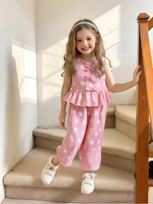 2pcs Girls Daisy Print Plaid Top And Pants Set, Summer - Pink - View 4