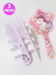 3件套时尚女童发梳套装 - 便携式防静电塑料梳子，可爱图案 | 适合日常使用和旅行，女童发饰 - 彩色 - 查看 2