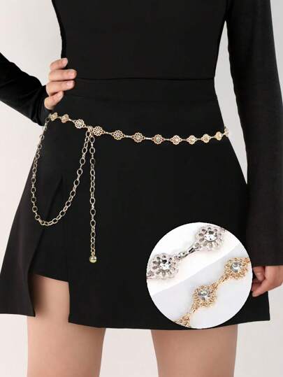Cadena de cintura de metal con flor de rhinestone para mujeres, diseño único, adecuado para faldas y jeans