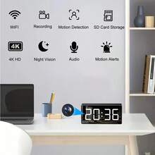 4K WiFi Camera Clock, Indoor Home Camera, Wireless HD Camera, App Real-Time Viewing, Night Vision, Motion Detection Loop Recording, Portable Wireless Surveillance Camera For Home, Office, Warehouse - màu đen - Xem 1