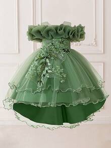 Young Girls Applique Mesh Satin Elegant Train Party Dress Suitable For Prom, Without Headband - Green - View 3