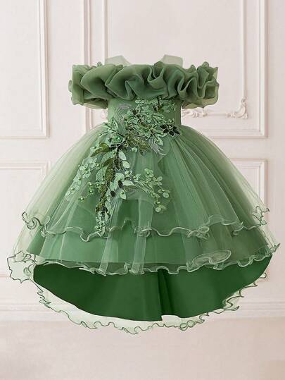 女童花卉贴花薄纱缎面优雅拖尾礼服，适合舞会和正式场合，不含头饰