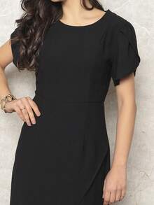 Women's Midi Dress Side Slit With Petal Sleeves Simple Daily - 黑色 - 查看 6