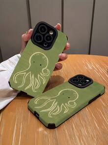 1 件简约夏日清新手绘绿色章鱼图案垂直仿皮防震防指纹手机壳，适用于苹果和其它型号 - 彩色 - 查看 2