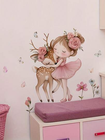 1 件创意公主粉色装饰墙艺术贴纸 - PVC 自粘防水可移除墙贴墙面装饰，粉色公主和梅花鹿或兔子适用于客厅、卧室或入口窗户，使房间装饰更有趣的房间装饰墙贴贴纸