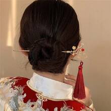 1pc/2pcs 2025 Red Tassel Hair Clip, Elegant Retro Fan-Shaped Hair Accessory For Bun Hairstyle, Hairpin, Bun Extension, Hair Bun Maker, Bun Hair Piece, Hair Styling Pins, Pins For Hair, Bobby Pins, Hair Accerssories, New Year Glamour