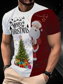 男士 3D 印花圣诞老人和圣诞快乐图案 T 恤 - 假日休闲圆领短袖，可水洗面料，白色和红色撞色街头风上衣 - 白色 - 查看 1
