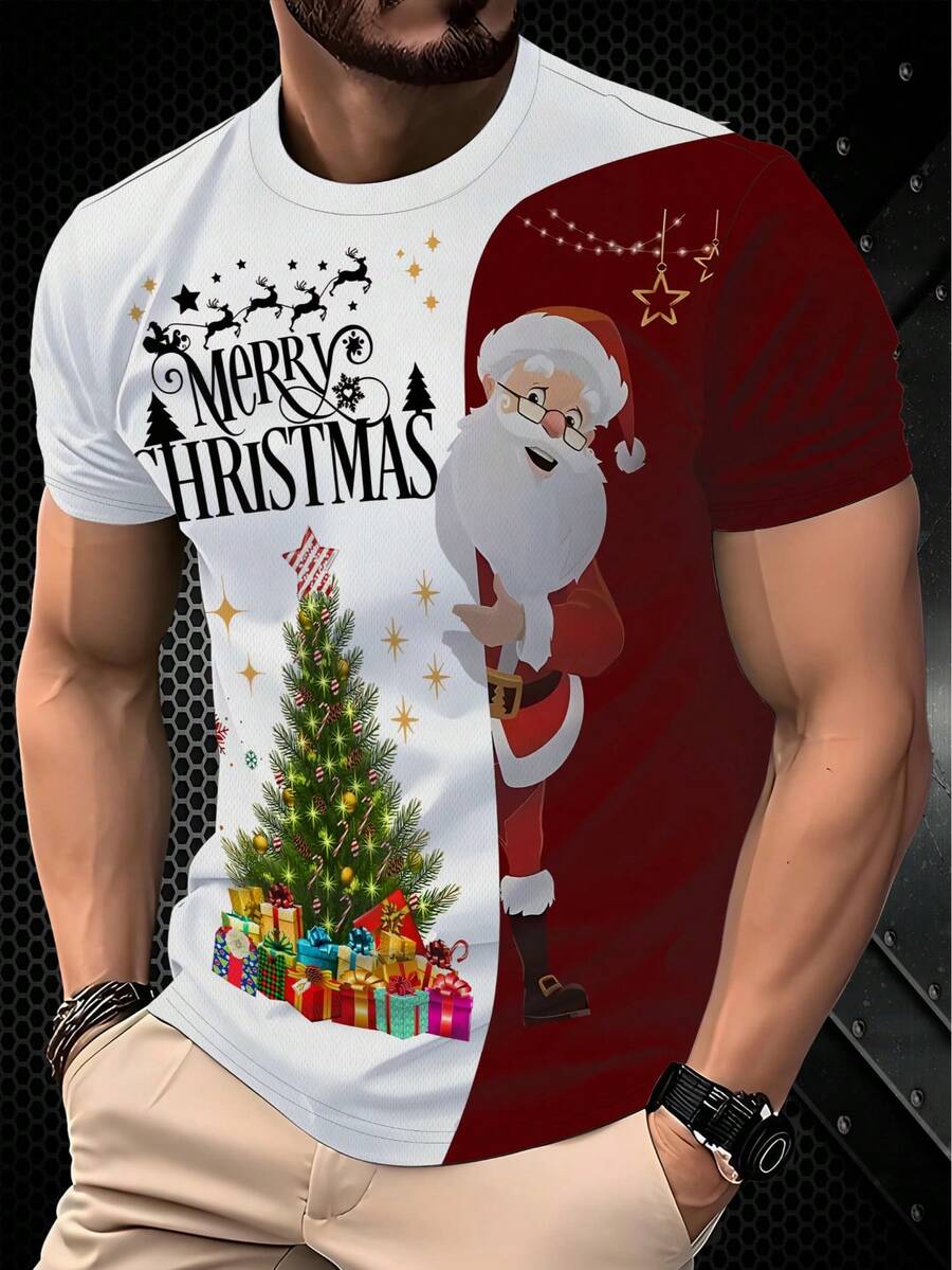 男士 3D 印花圣诞老人和圣诞快乐图案 T 恤 - 假日休闲圆领短袖，可水洗面料，白色和红色撞色街头风上衣 - 白色 - 查看 1