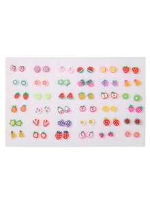 36pcs/Set Girls Cartoon Soft Clay Fruit Mixed Color Plastic Cute Fashion Earrings Set, Random Color & Style, No Box, Versatile For Daily Wear - Multicolor - View 14