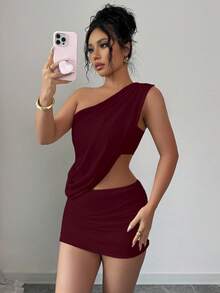 Elegant Asymmetric Solid Color Blouse & Low Waist Pleated Mini Skirt Set, Sexy Casual Party Net Splice Ruffle Hem Asymmetric/Asymmetrical Two Pieces Outfit For Evening Date, Beach, Wedding, Home - Burgundy - View 6