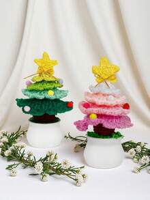 手工制作的圣诞树盆栽钩针编织，配有礼品盒和木质标签，独特的手工礼物，适合家庭和办公桌装饰，适合老师、同事、妈妈、姐妹、朋友圣诞树盆栽：针织圣诞树，适合家人朋友教室家庭办公室装饰圣诞装饰和装饰品 - 漸層色 - 查看 4