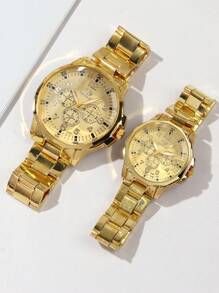 2件套时尚商务休闲情侣手表，多功能圆形表盘钢带石英表，情侣礼品套装，适合返校、派对、婚礼、节日、户外活动、万圣节、圣诞节和日常佩戴，情侣最佳礼物 - 金色 - 查看 6