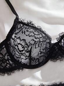Sujetador con encaje y bordado de pestañas, negro con aros, lencería sexy y cómoda con encanto floral romántico para un look de "baddie"