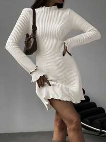 Women's New Style Mock Neck Long Sleeve Flared A-Line Hem Ribbed Slim Fit Elegant Sexy Fashionable Work Mini Knit Sweater Dress, Fall And Winter - 米色 - 查看 5