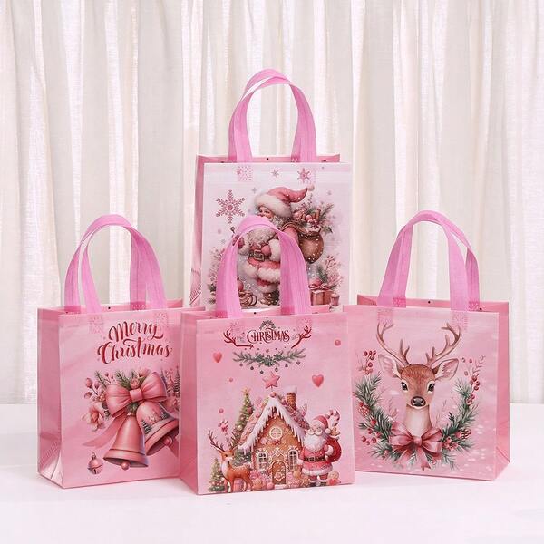 4 Stück rosa Weihnachtsgeschenktüten mit Griffen - aus Vliesstoff, festliche Weihnachtsmann- und Rentier-Designs, perfekt für Weihnachtspartys, Einkaufen und Geschenkaustausch, Weihnachtsgeschenktüten Weihnachten Weihnachtsdekoration Weihnachtspyjamas Weihnachtsgeschenke Weihnachtsdeko