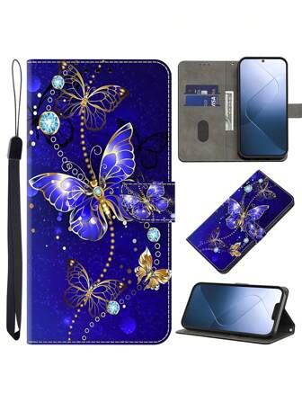 GLANDOTU Blue Magnetic PU Leather Stand Folding Wallet Case Compatible With Samsung Galaxy And Other Mobile Phone Models (Blue Butterfly Pattern) Compatible With IPhone15/15Plus/15Pro/15Promax Waterproof Shockproof Anti-Fall Scratch Resistant