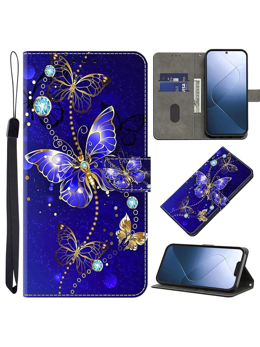 GLANDOTU Ốp lưng ví gập có nam châm bằng da PU màu xanh dương, tương thích với Samsung Galaxy và các dòng điện thoại khác (Họa tiết bướm xanh) Tương thích với iPhone 15/15Plus/15Pro/15Promax Chống nước, chống sốc, chống rơi, chống trầy xước, phiên bản quốc tế, không phải phiên bản nội địa - Nhiều màu - Xem 1