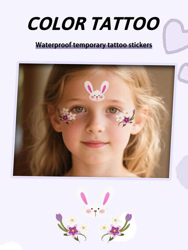 1Pc Rabbit Face Sticker Temporary Tattoo Colorful Cartoon Waterproof Sweatproof Disposable For Children Face, Arm, Waist, Chest, Leg, Abdomen, Neck, Hand, Finger, Back, For Party, Stage Performance, Children's Day, Modernist Body Art